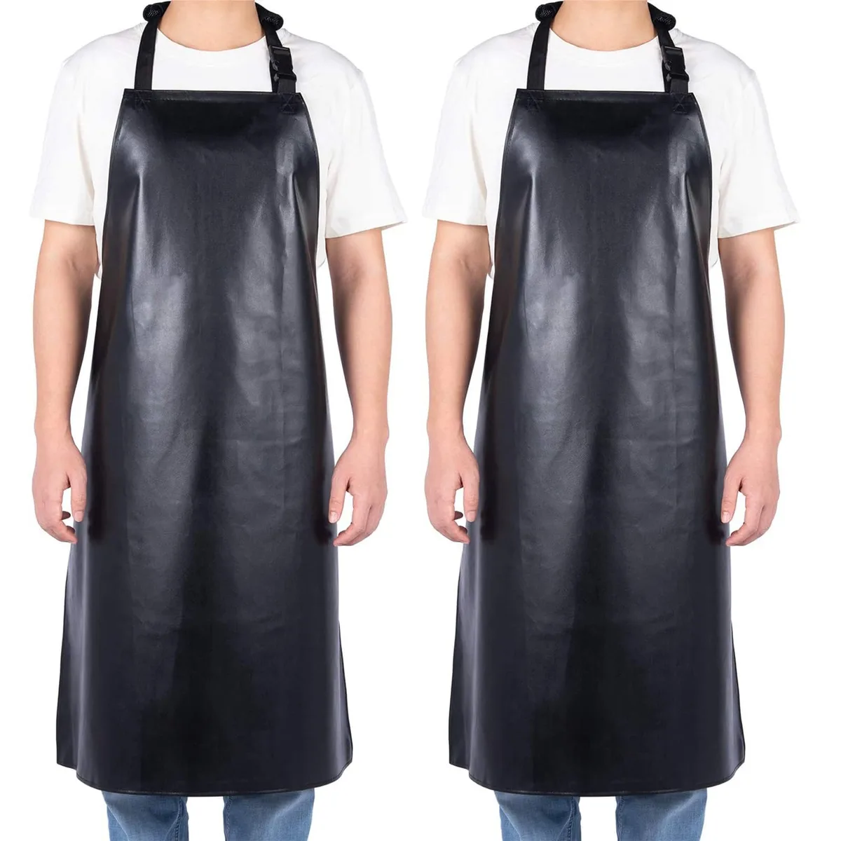 Two black vinyl aprons with adjustable straps and neck pads, each 29 by 39 inches