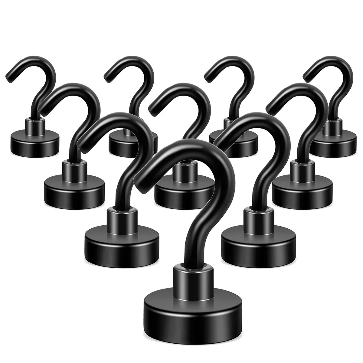 Ten black metal magnetic hooks with a mirror-like finish