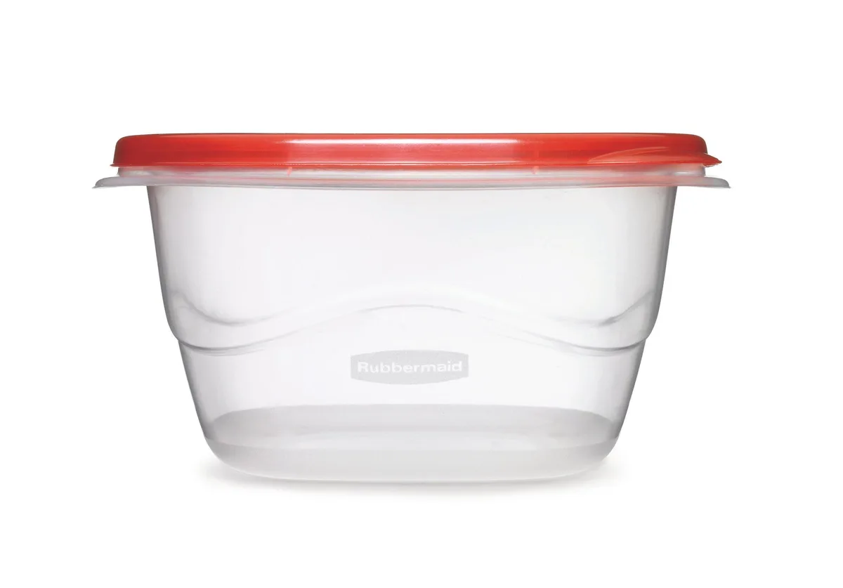 Two red square food containers with lids, stacked