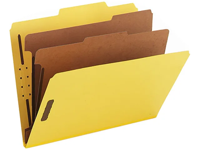 Yellow pressboard classification folder with two dividers and fasteners, letter size, box of ten