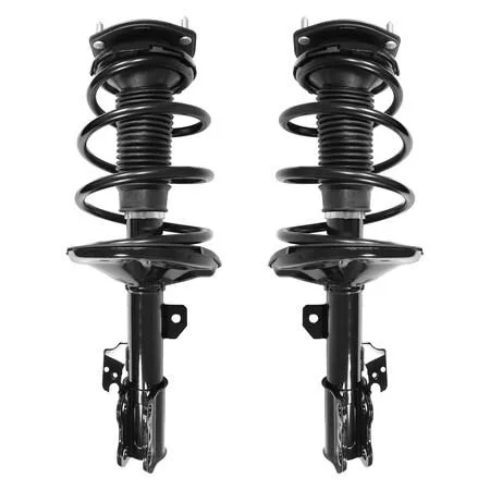 Two complete front strut assemblies with coil springs and top mounts, silver metal finish