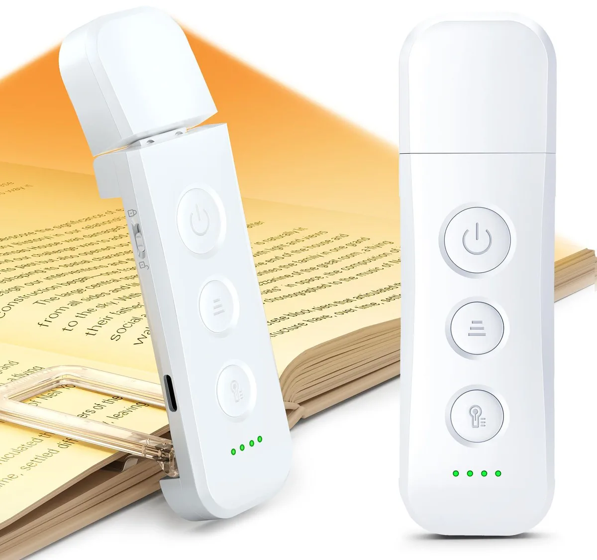 A compact clip-on book light with an extended lamp head containing 12 LEDs, USB-C port, matte finish