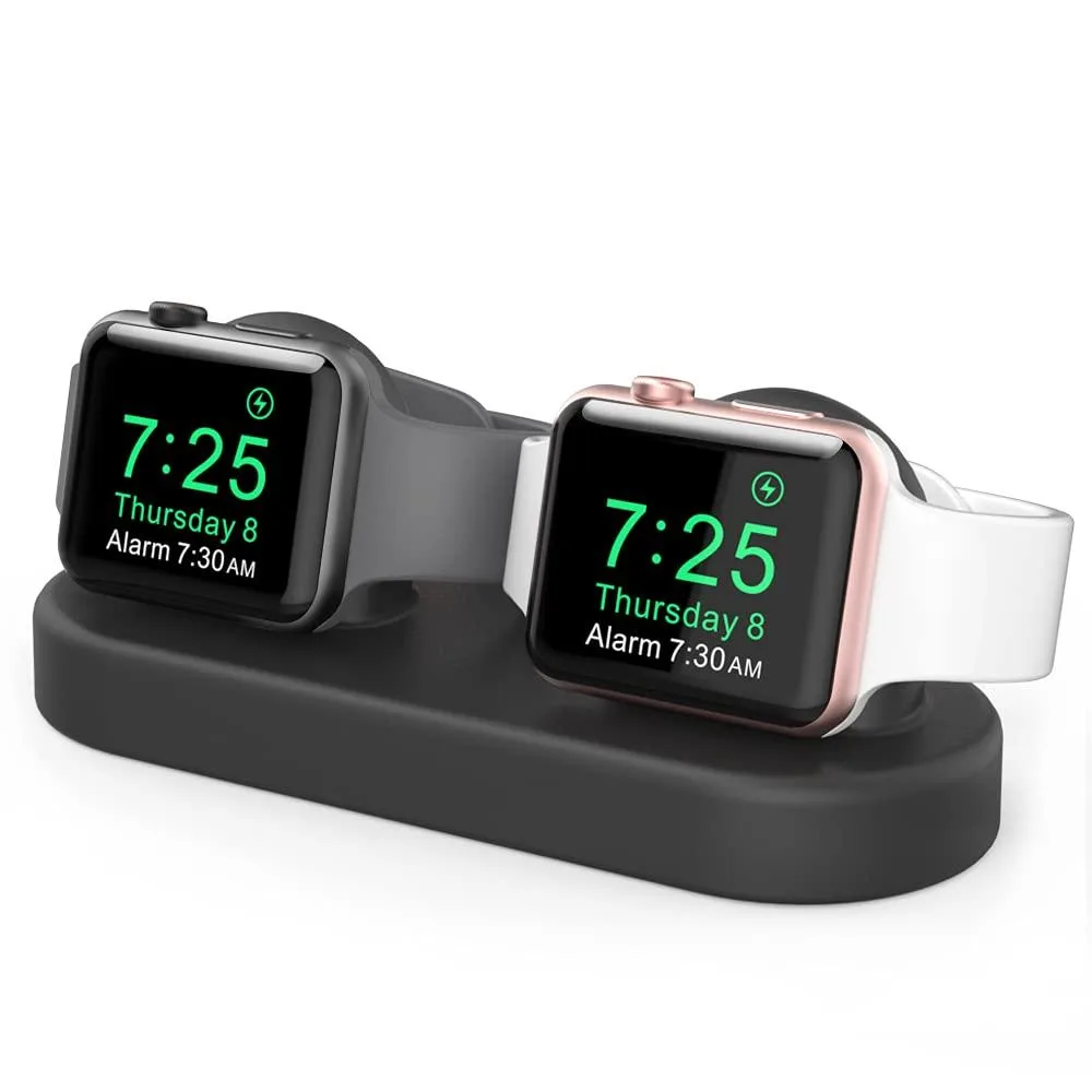 Black silicone dual Apple Watch charging stand, charger not included
