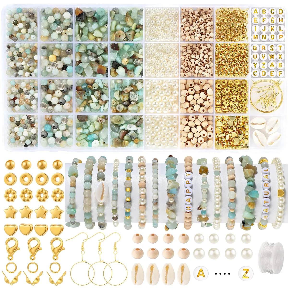 Open compartmentalized box filled with green stone beads, pearls, wood beads, crystals and metal findings