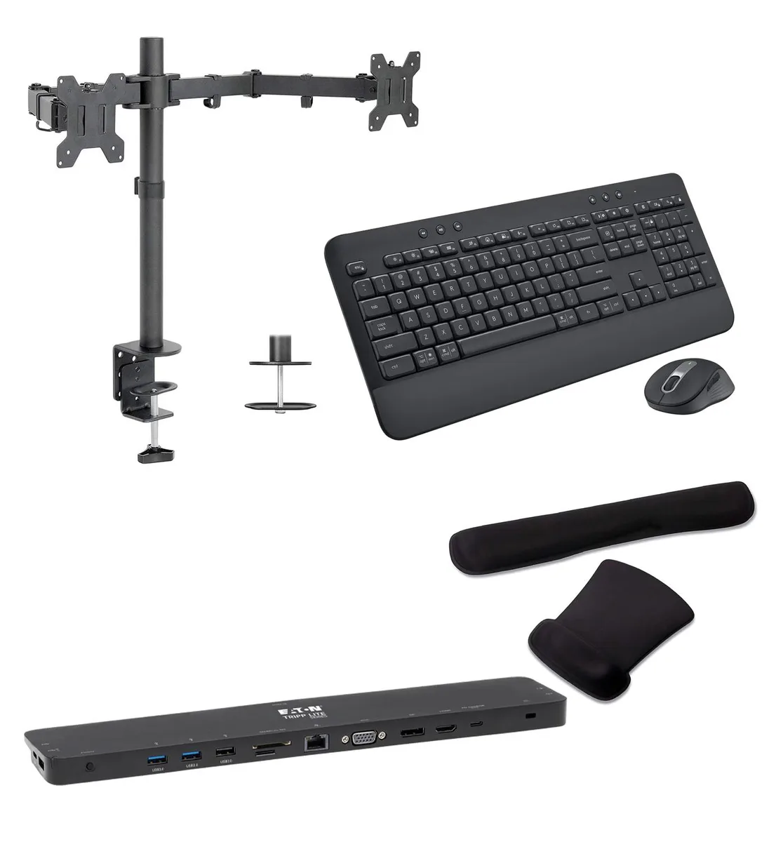 Tripp Lite Tripp Lite USB-C Dock Bundle with MK650 Keyboard, Mouse, Dual Monitor Stand & Gel Wrist Rest — product photo
