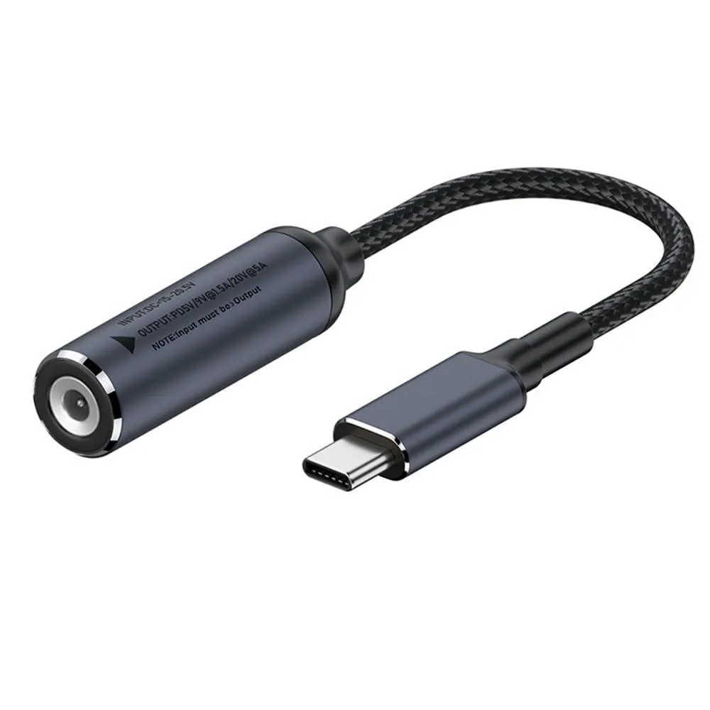 Short braided cable with a 4.0×1.3 mm DC barrel plug on one end and a USB-C plug on the other