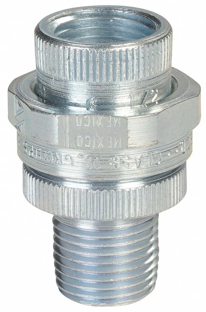 Small aluminum threaded union fitting with plain finish, 1/2 inch conduit size