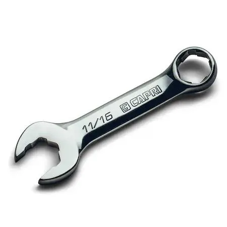 Stubby combination wrench, 11/16 inch, polished chrome finish, offset box end