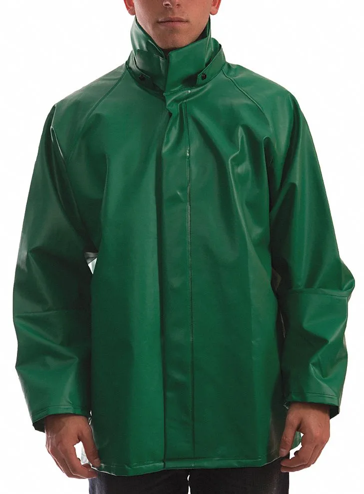 Green flame-resistant PVC rain jacket size 3XL with snap front and storm flap