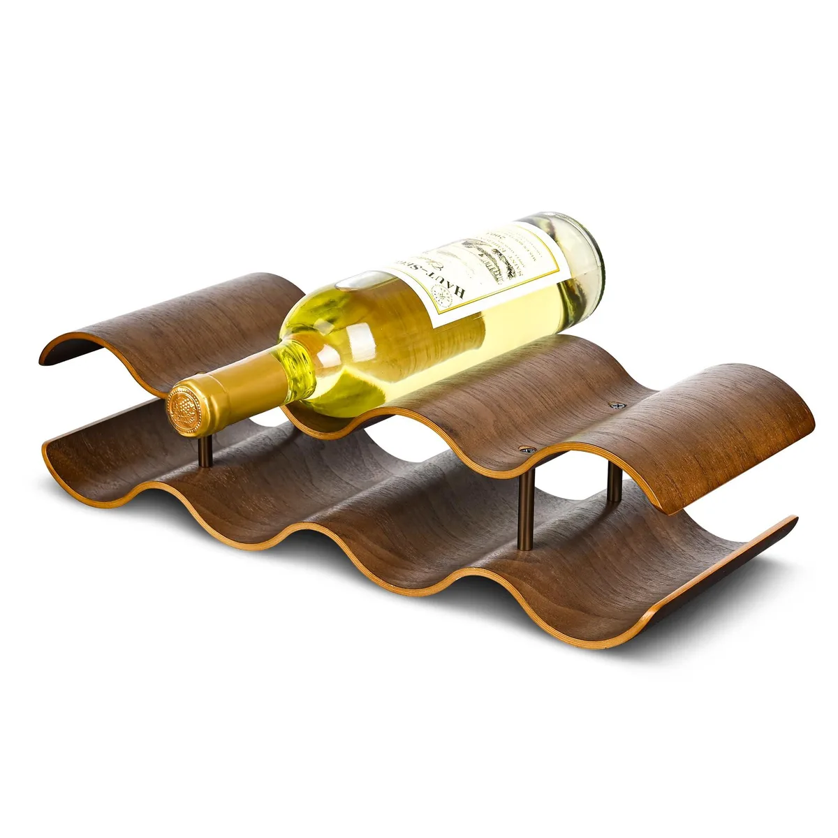 Walnut wooden two-tier countertop wine rack with wavy curved shelves, holds seven bottles