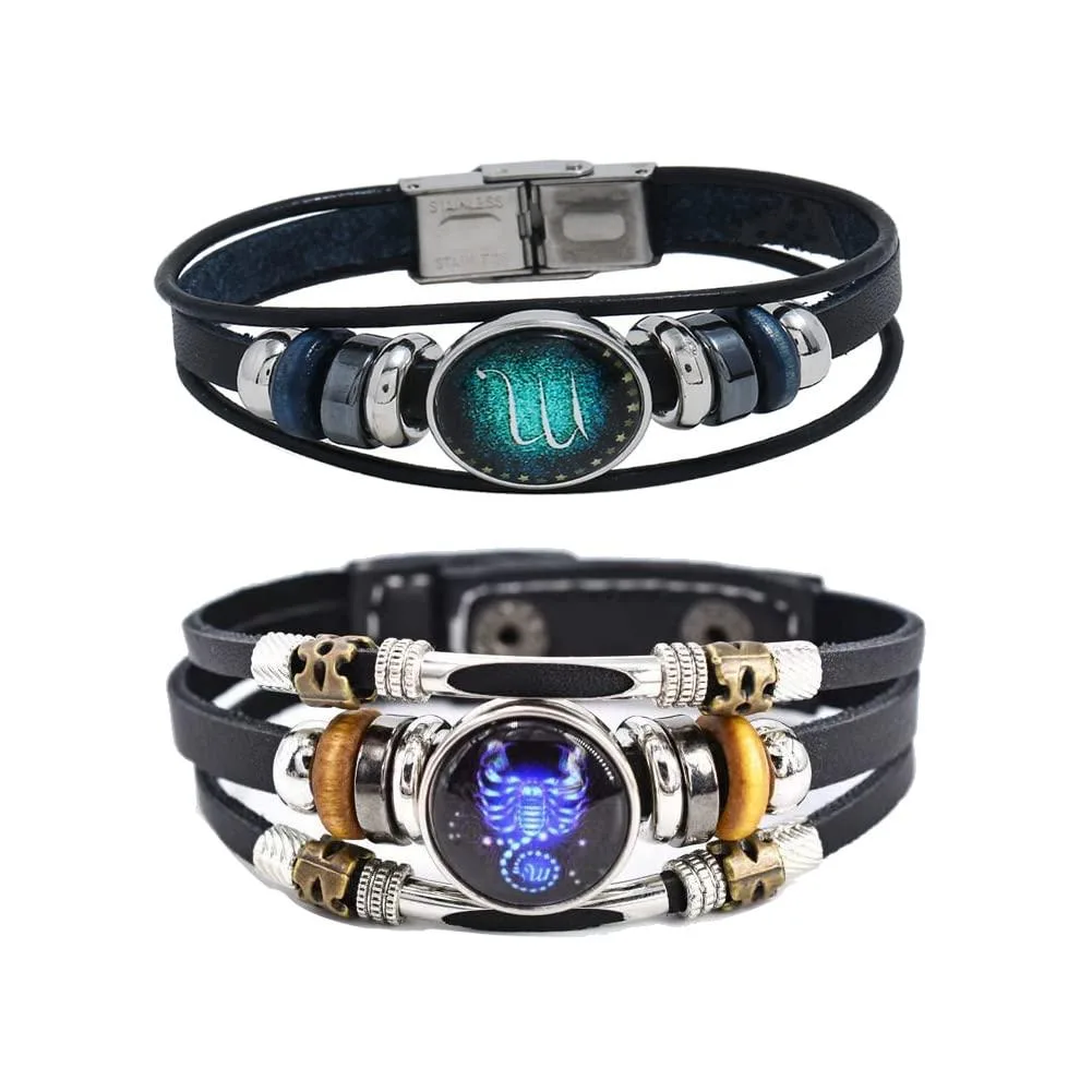 Two leather wrap bracelets with Scorpio constellation charms, adjustable from 8.26 to 8.5 inches, rhinestone and metal accents