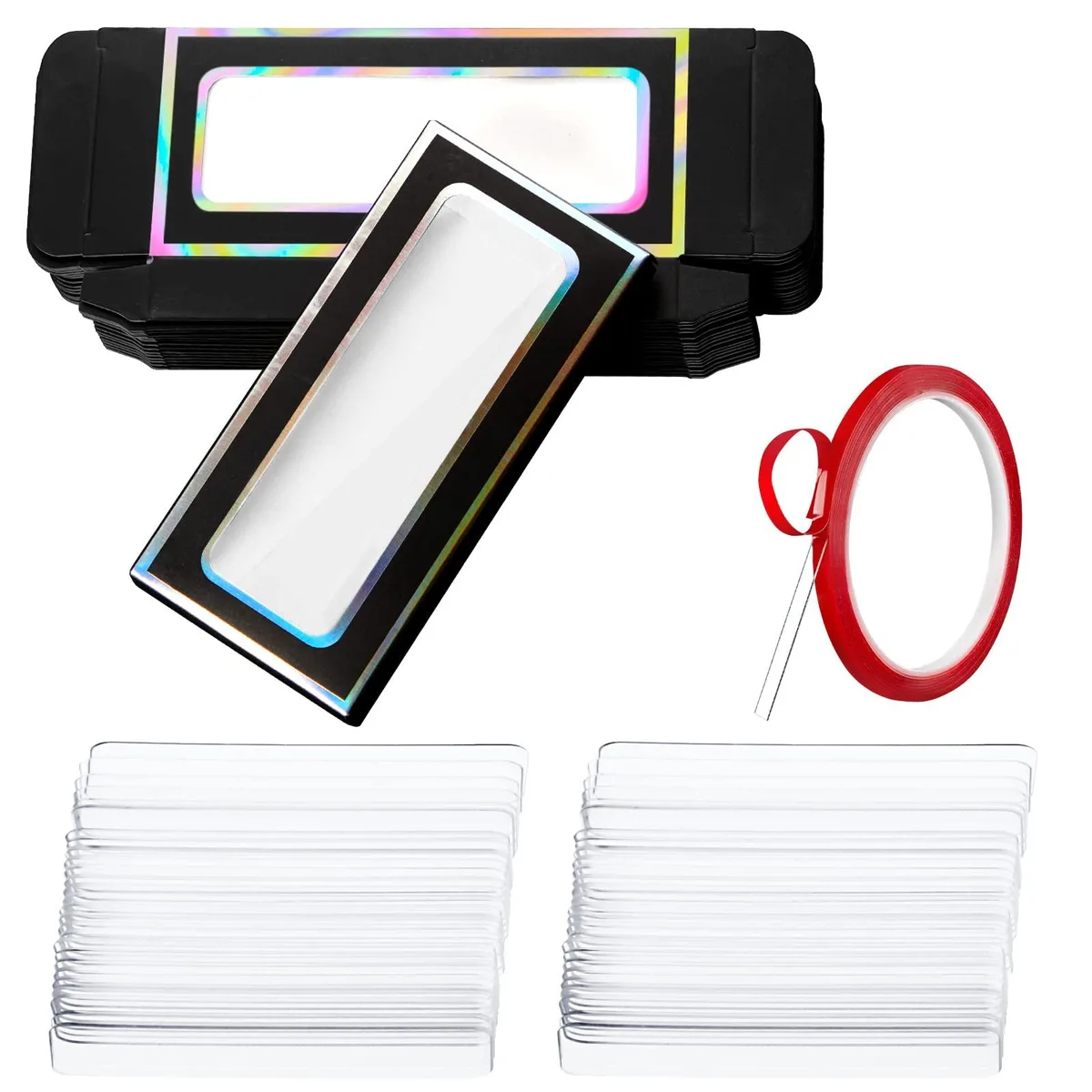 Black and white glitter eyelash boxes with clear acrylic nail stands and red tape roll
