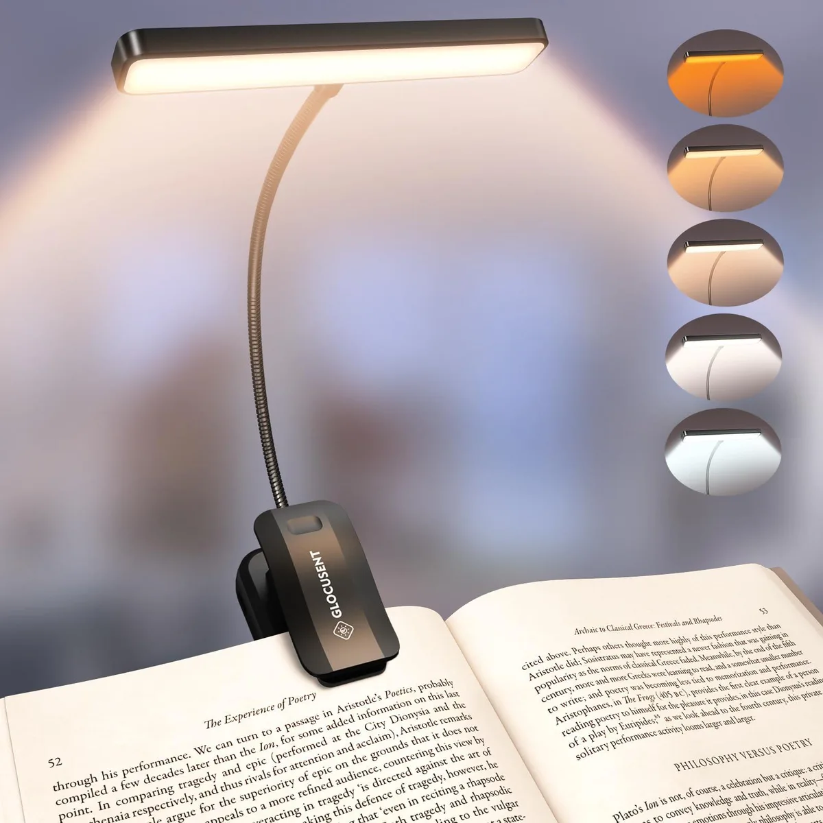 A clip-on book light with a wide 4.3 inch dual-row LED head, flexible neck and spring clamp in matte finish