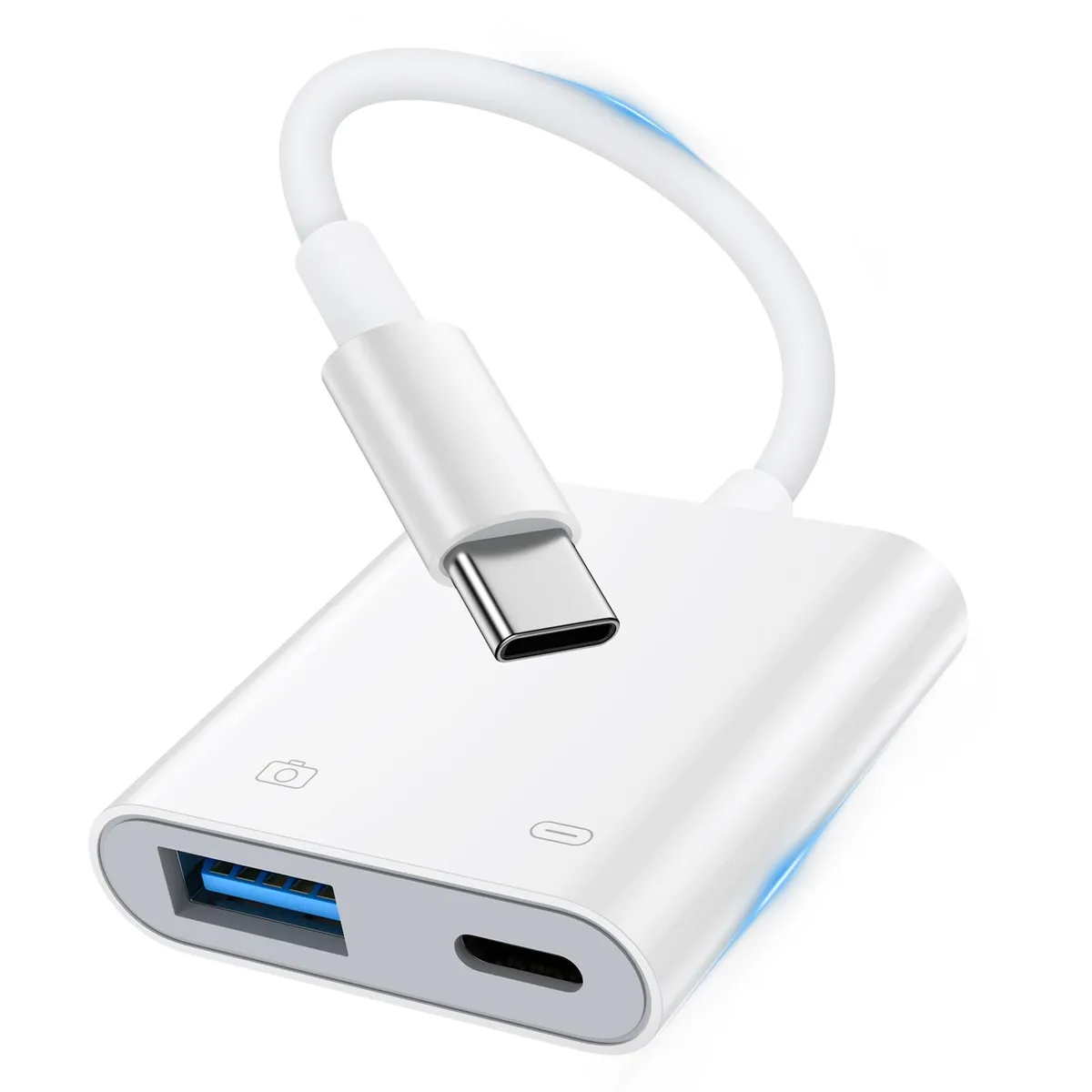 White USB-C to USB-C camera adapter, compact rectangular shape, smooth matte finish