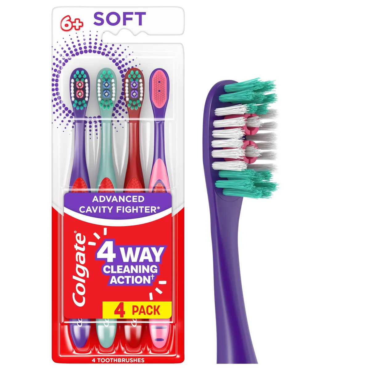 Four Colgate kids soft toothbrushes in mixed colours with easy-grip handles