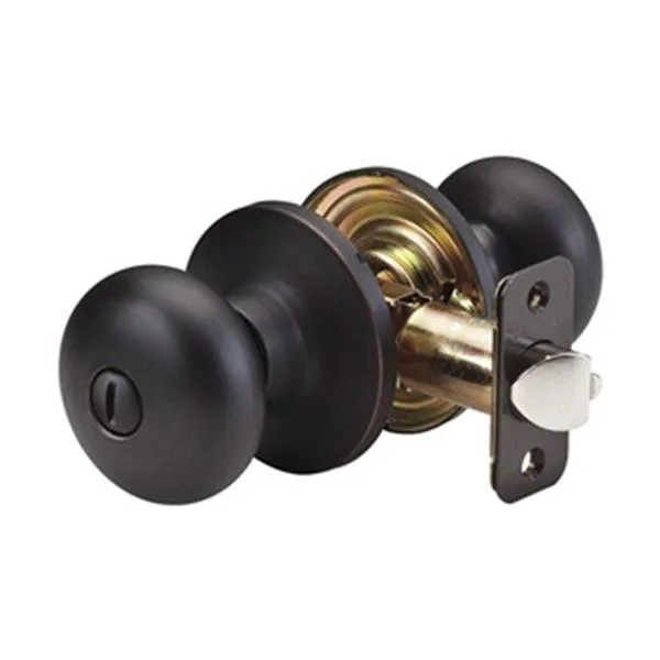 Aged bronze privacy knob lockset with two keys