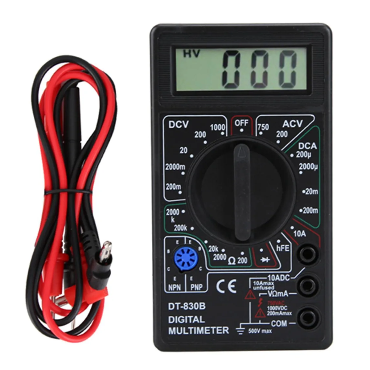 Portable digital multimeter DT-830B with large LCD display and test leads