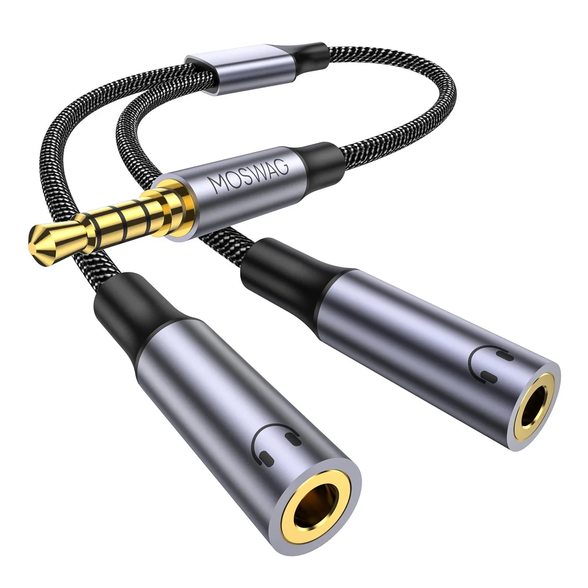  MOSWAG 3.5mm TRRS Headphone Splitter 2 Female 1 Male Braided 10 Inch 25 cm — product photo