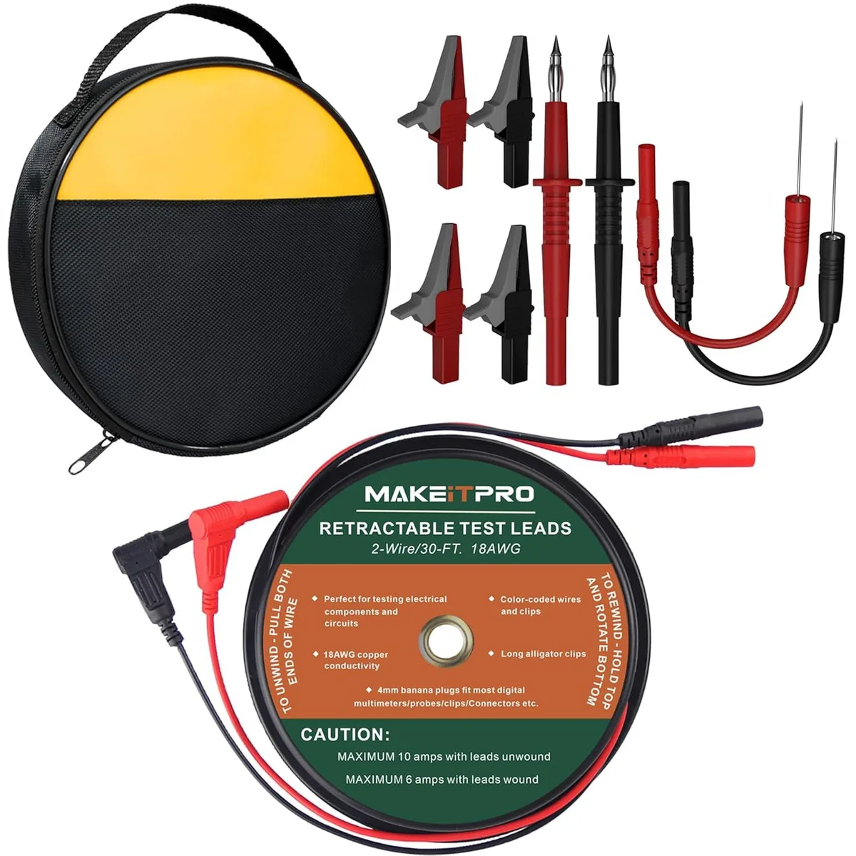 BFKK BFKK Retractable Test Leads 2×30FT 18AWG with Alligator Clips 32A 27mm Bag — product photo