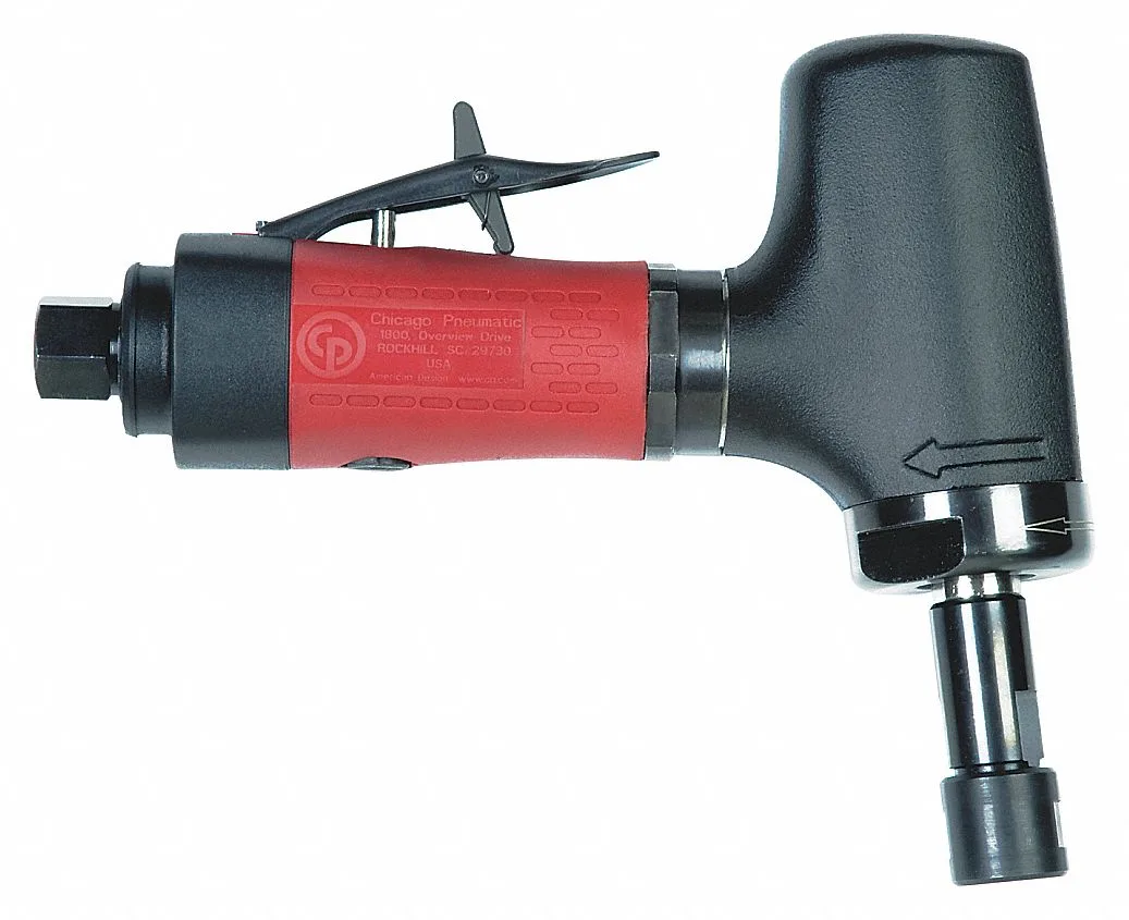 Silver right-angle die grinder with aluminium handle and composite cover, rear exhaust, lever throttle, compact lightweight form