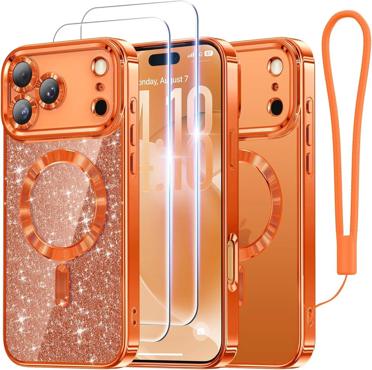 Clear iPhone 17 Pro Max case in cosmic orange with glitter card, wrist strap and MagSafe ring
