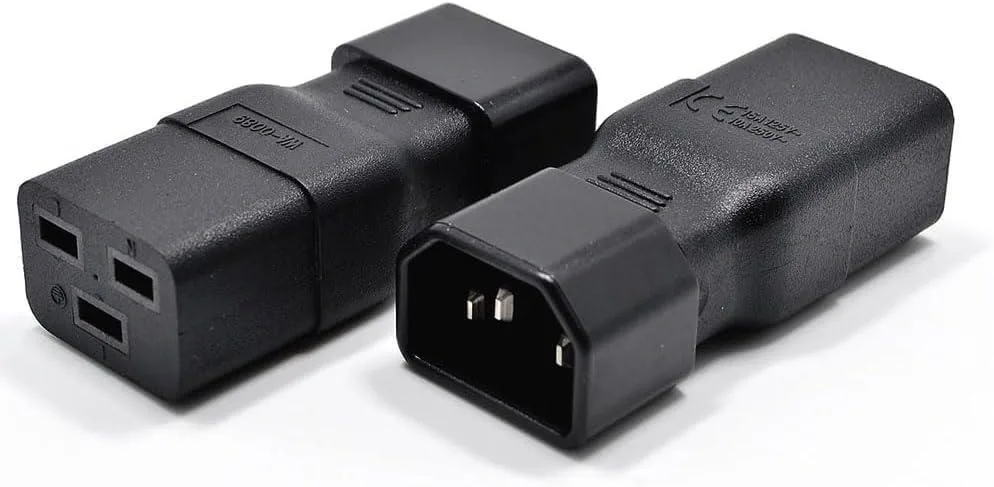 Two black IEC C14 male to C19 female power adapters