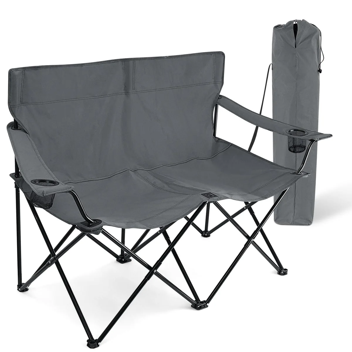 Grey folding double camp chair with steel frame and cup holders, shown open with carry bag