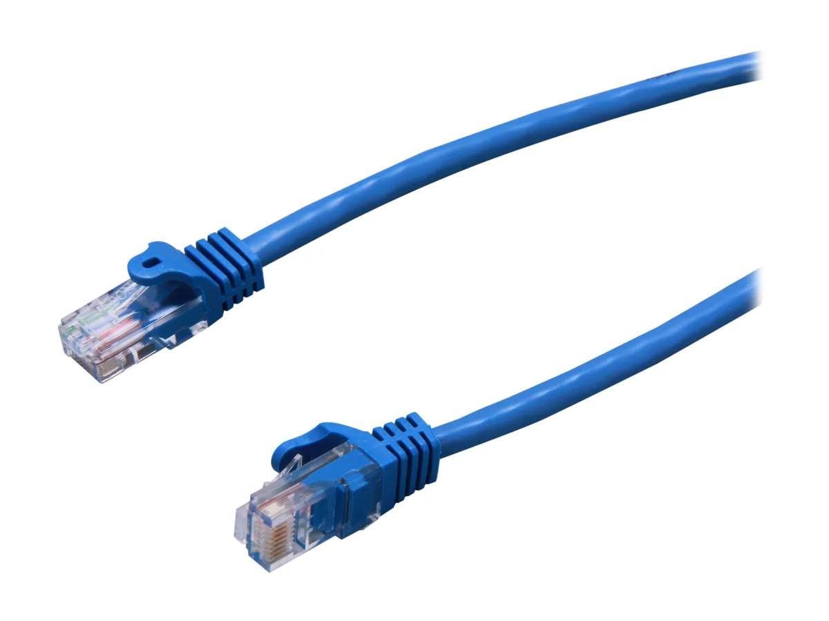 Blue snagless Cat5e patch cable with RJ45 male ends, one foot long