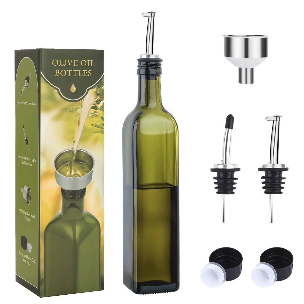  AOZITA 17oz Green Glass Oil Dispenser Applicator with Pourers and Funnel — product photo