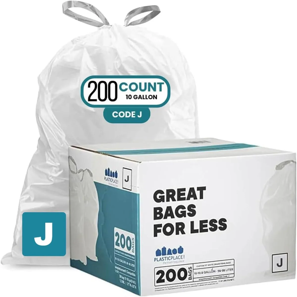 White drawstring trash bags in a 200-count pack, 1.2 mil thick, 21 by 28 inches