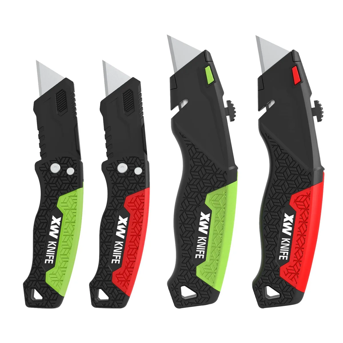 Four utility knives in red and green with twenty blades