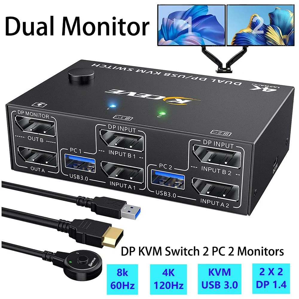 IHDAPP IHDAPP Dual DisplayPort KVM Switch 2 PC 2 Monitor 8K@60Hz 4K@144Hz 4×USB 3.0 Wired Remote — product photo