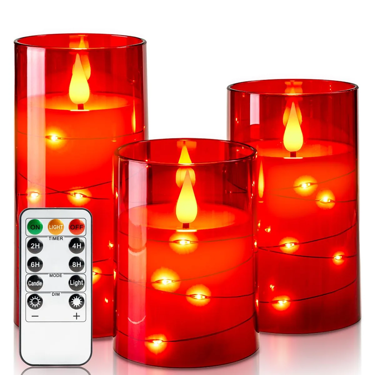 Three red acrylic pillar candles with embedded blue-wire string lights and an 11-key remote control