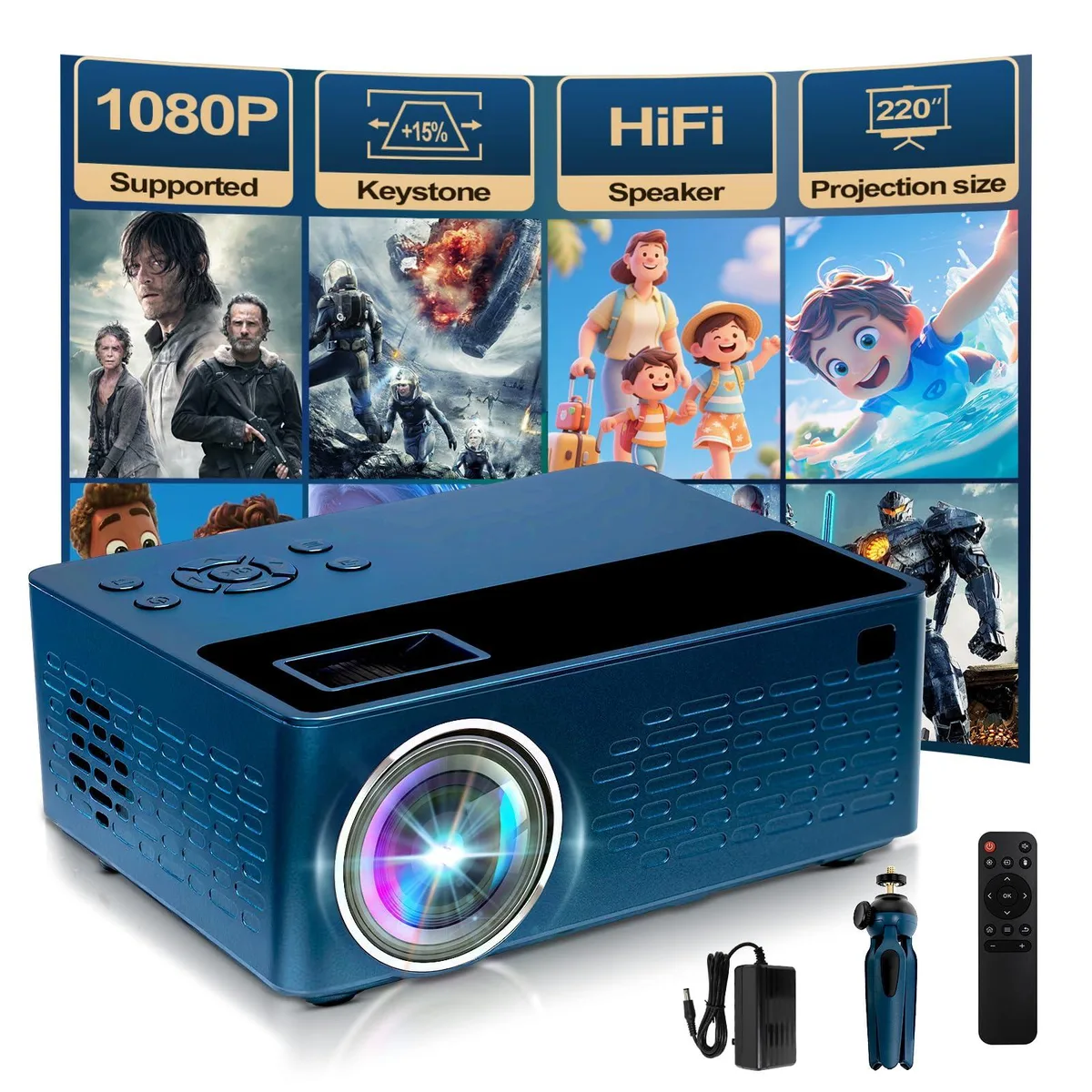 Cyan rectangular LCD projector with built-in speaker and mini stand