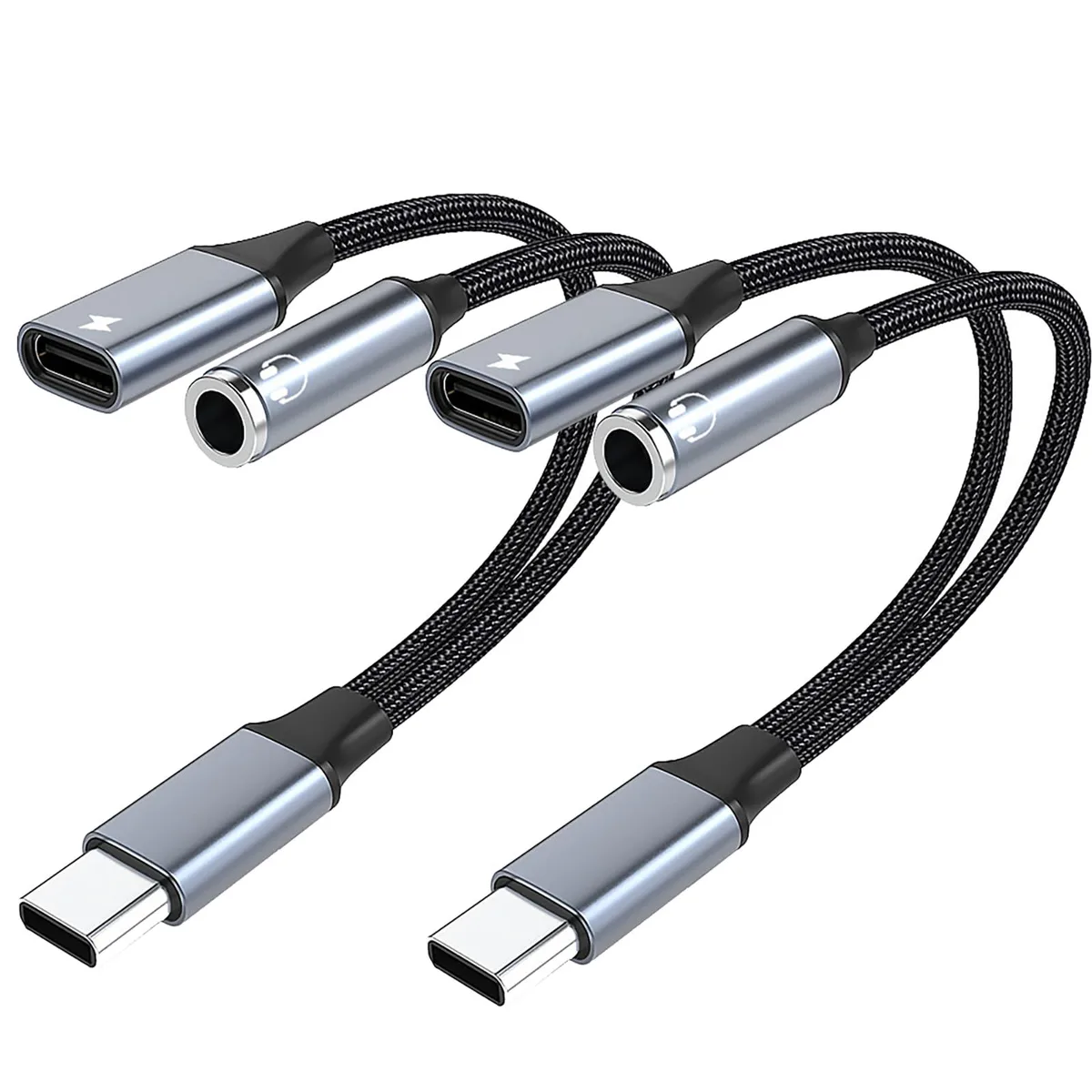 Two short gray USB-C dongles with 3.5 mm jacks and charging ports