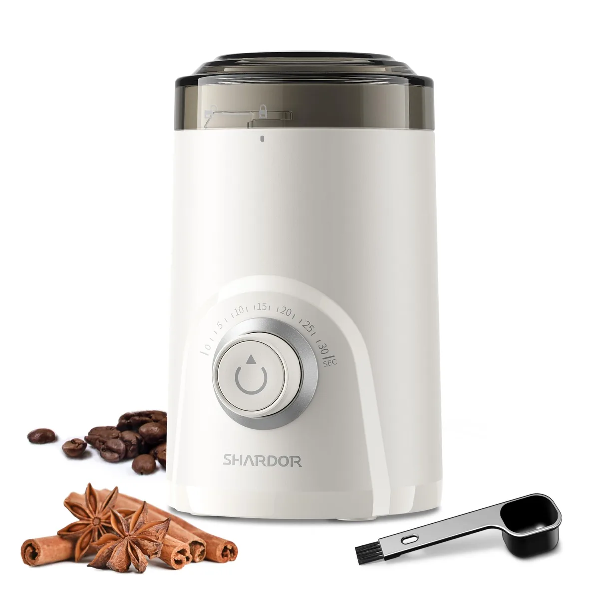 Silver electric blade coffee grinder, 70g capacity, 63dB operation, timed rotary dial, compact 10 inch width