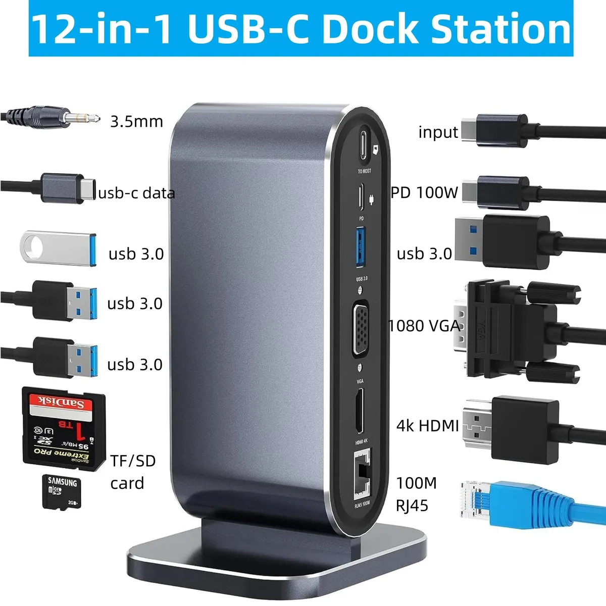 Jansicotek Jansicotek BYL-2201 Vertical USB-C Laptop Hub Adapter 12-in-1 4K HDMI VGA Ethernet SD/TF 4 USB A Gray — product photo