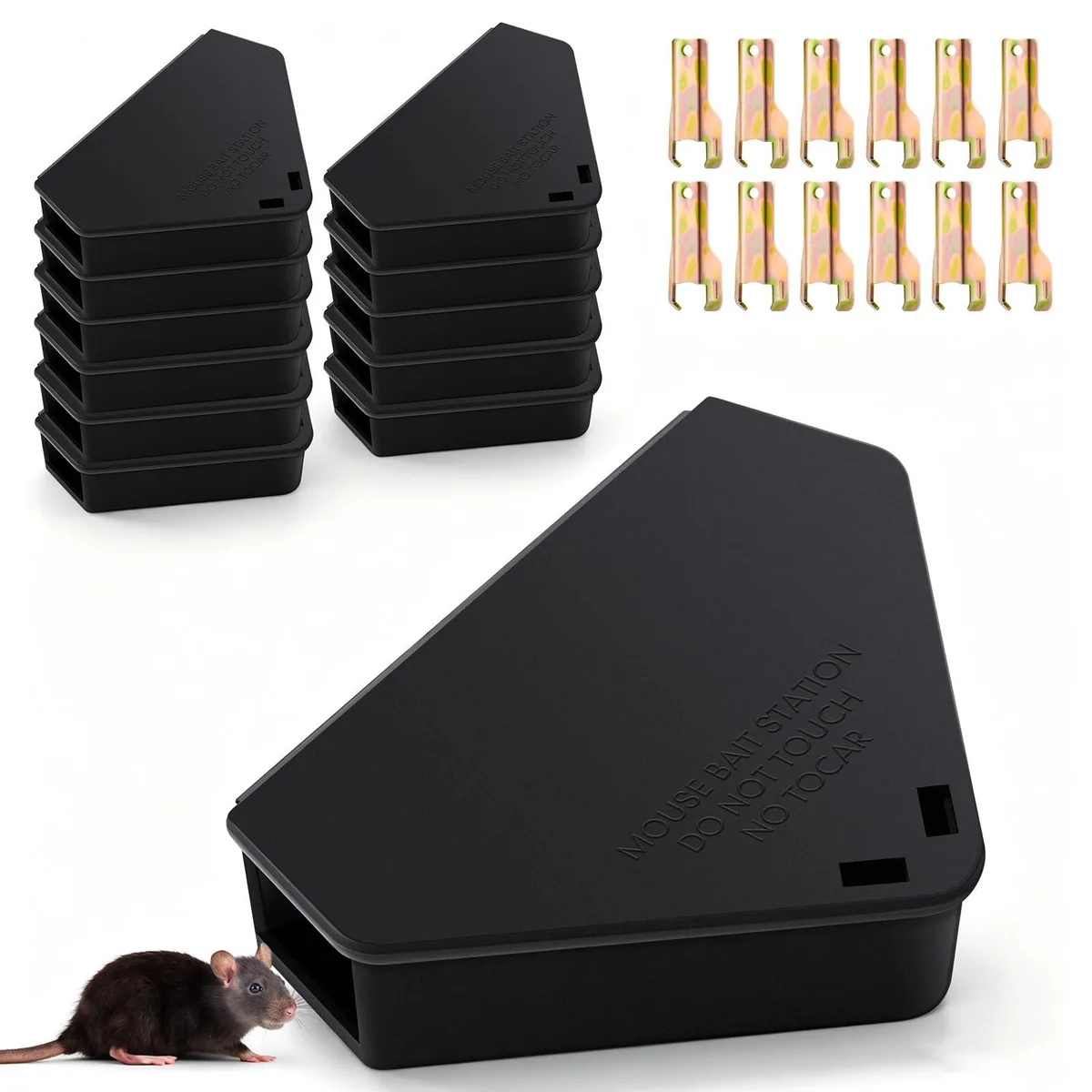 Twelve black triangular bait boxes with lockable lids and stainless steel keys