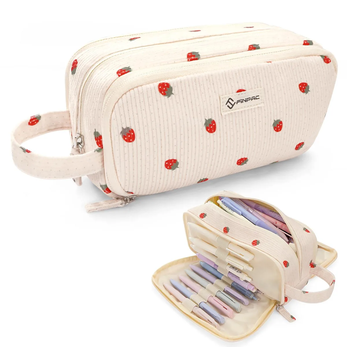Rectangular corduroy pencil case in strawberry print, zip closure, wrist strap, 28x14x8 cm