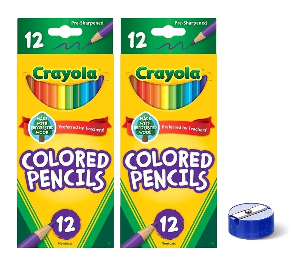 Two packs of twelve pre-sharpened coloured pencils with a bonus sharpener