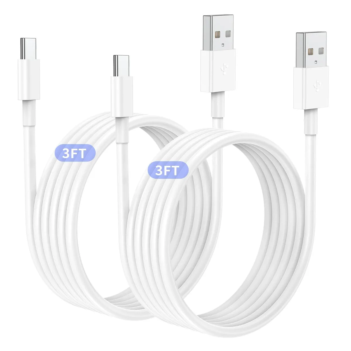 Two white USB A to C cables, three feet long, male-to-male connectors