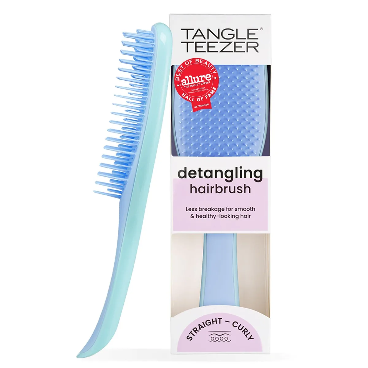 Compact teal detangling brush with two-tiered flexible bristles