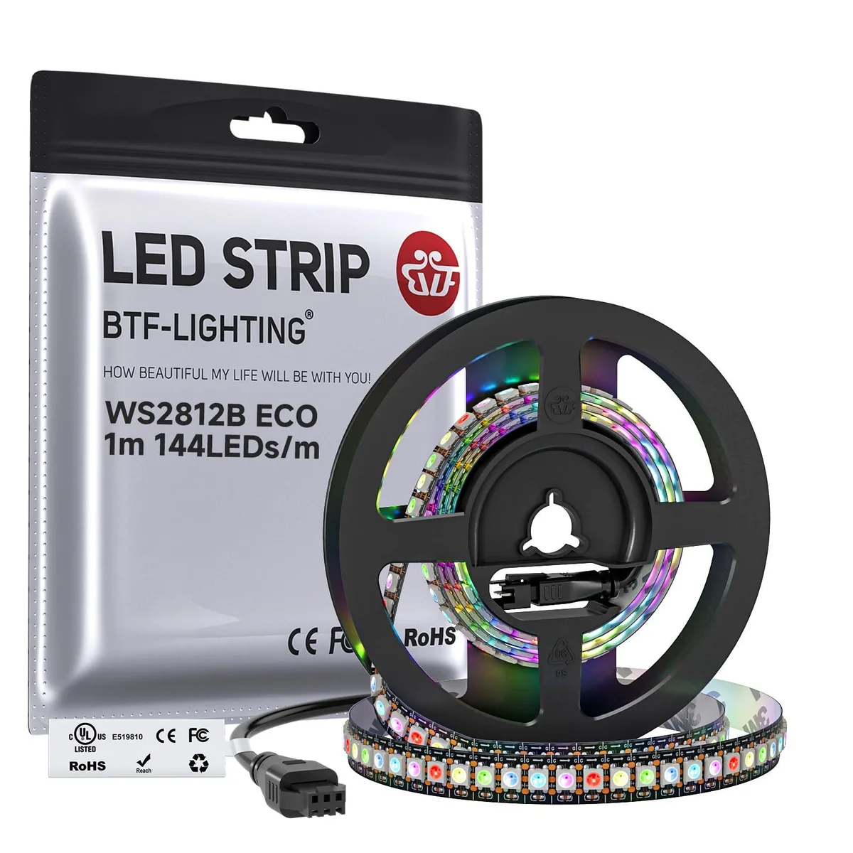 Black flexible LED strip on reel with dense 144 LEDs per metre and 3M adhesive backing