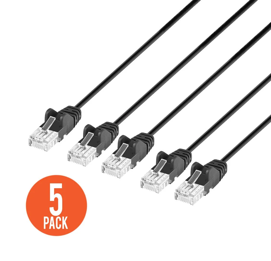 Intellinet Network Solutions Intellinet Cat6 Slim Ethernet Cable 25 ft Black 5-Pack 10G 250 MHz 30 AWG — product photo