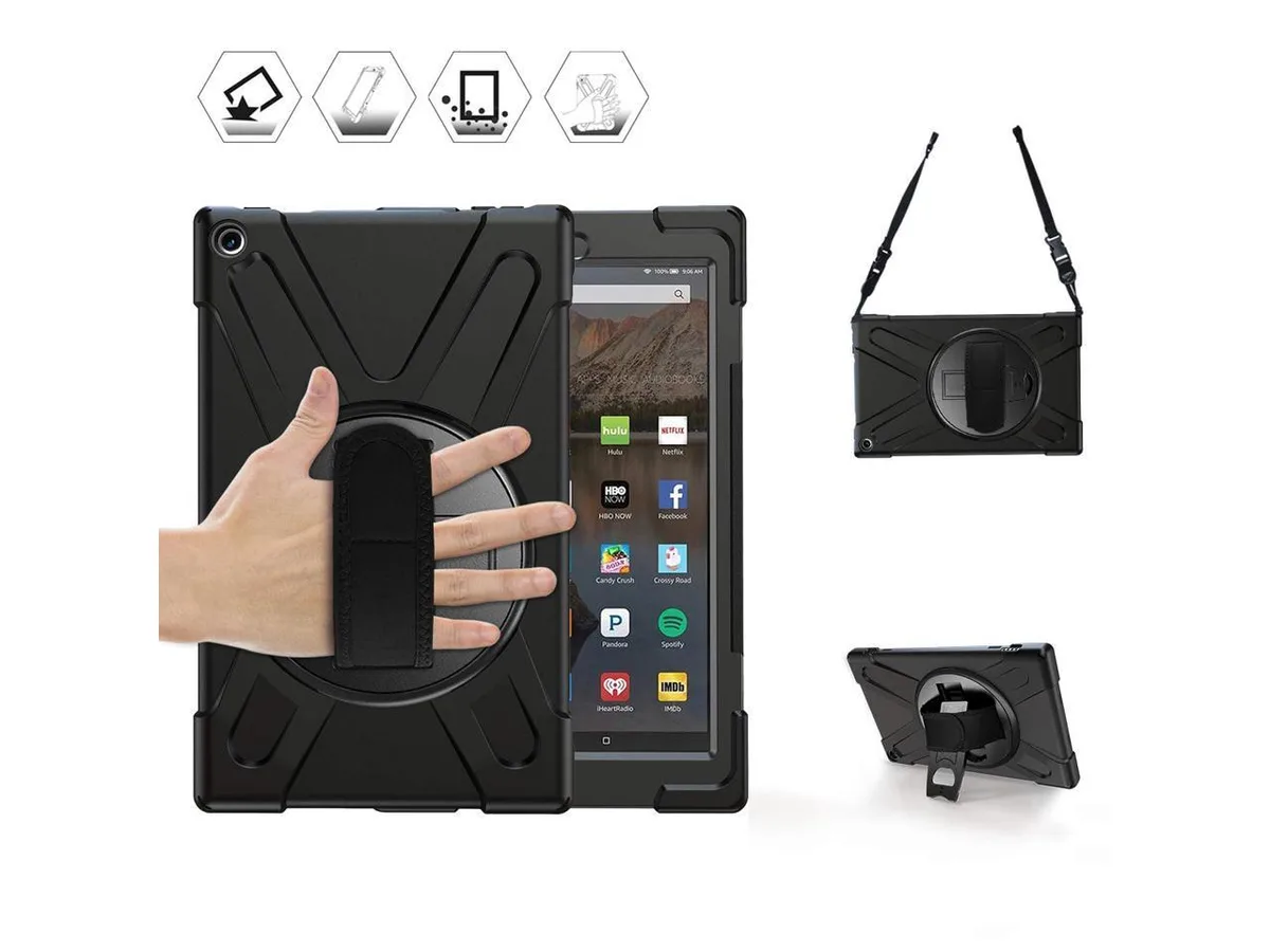 Black shockproof tablet case with rotating hand strap, shoulder strap and 360 kickstand