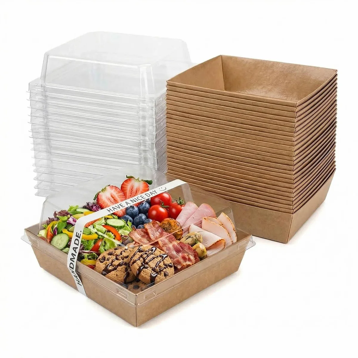 Twenty-five square brown paper boxes with clear PET lids, 4.9 by 4.7 by 2.56 inches
