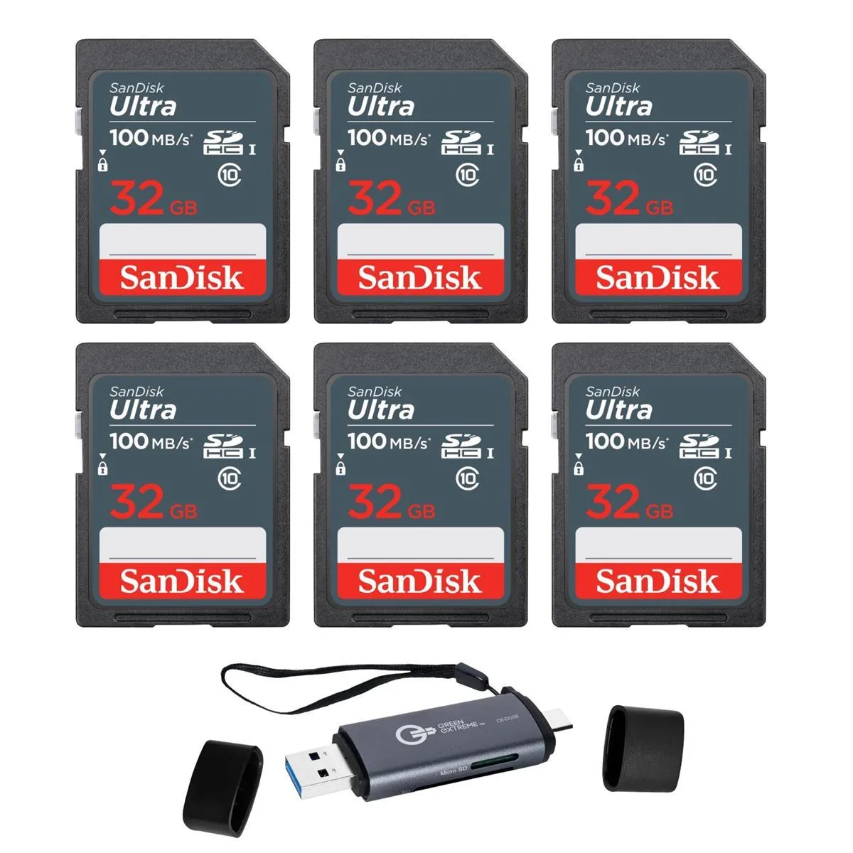 SanDisk SanDisk Ultra 32GB 100MB/s SDHC 6-pack with USB 3.0 OTG reader — product photo