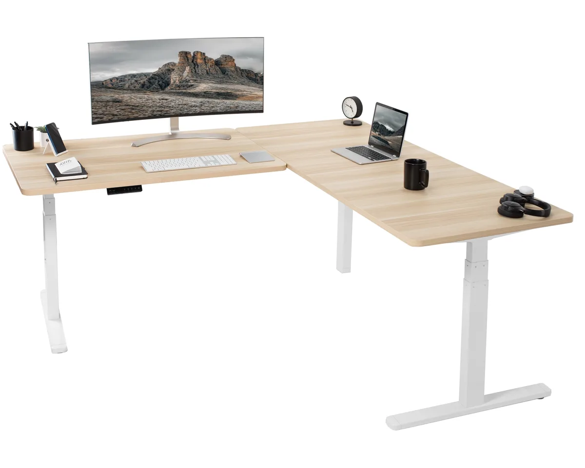 VIVO VIVO Electric Corner Desk 77" x 71" Light Wood/White Frame — product photo