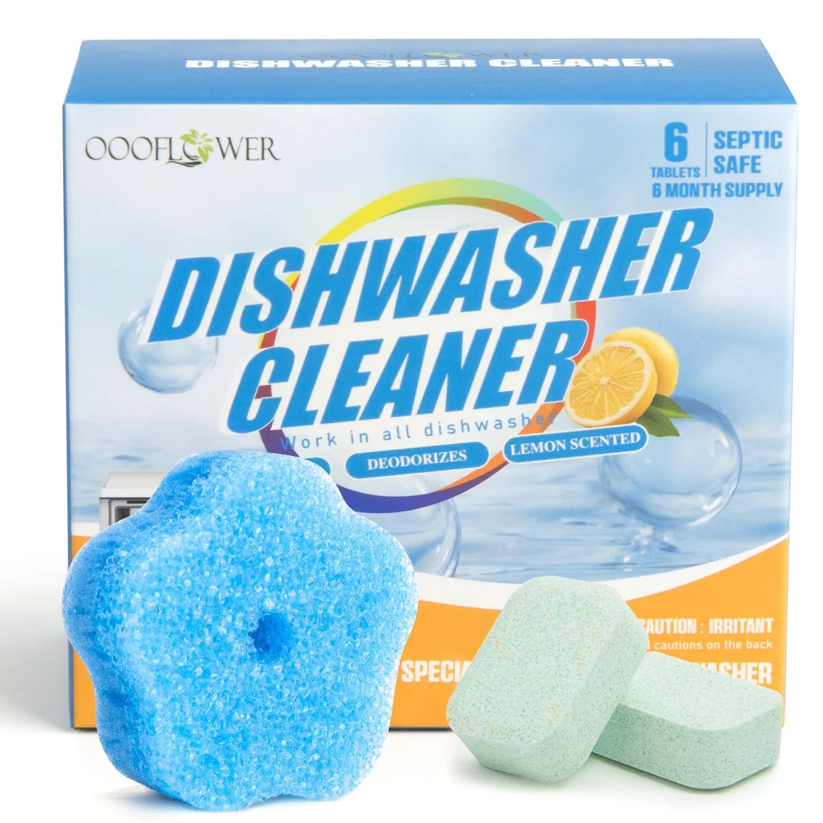 Six lemon-scented dishwasher tablets with a dual-sided sponge
