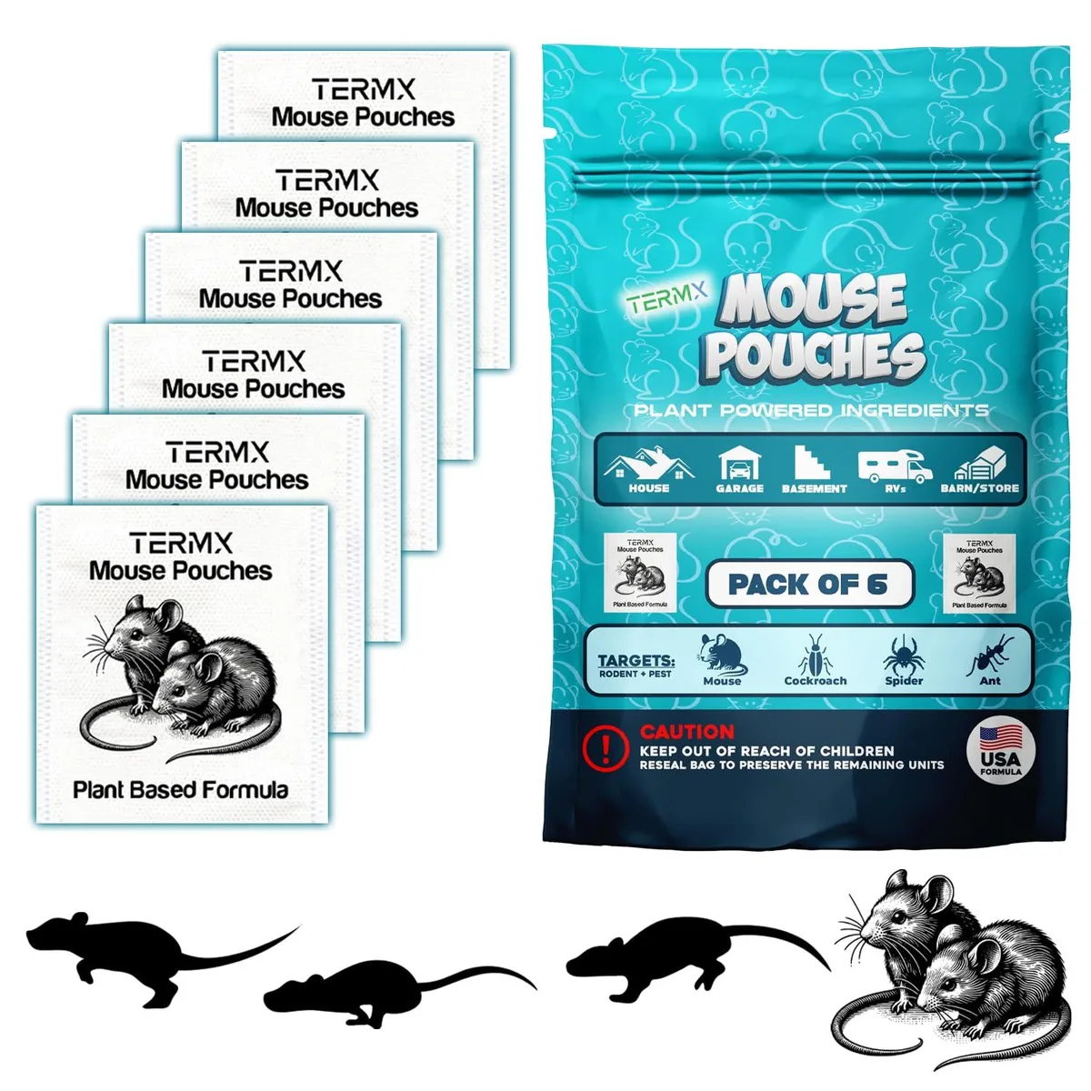 Six sealed botanical rodent-repellent pouches in a resealable bag